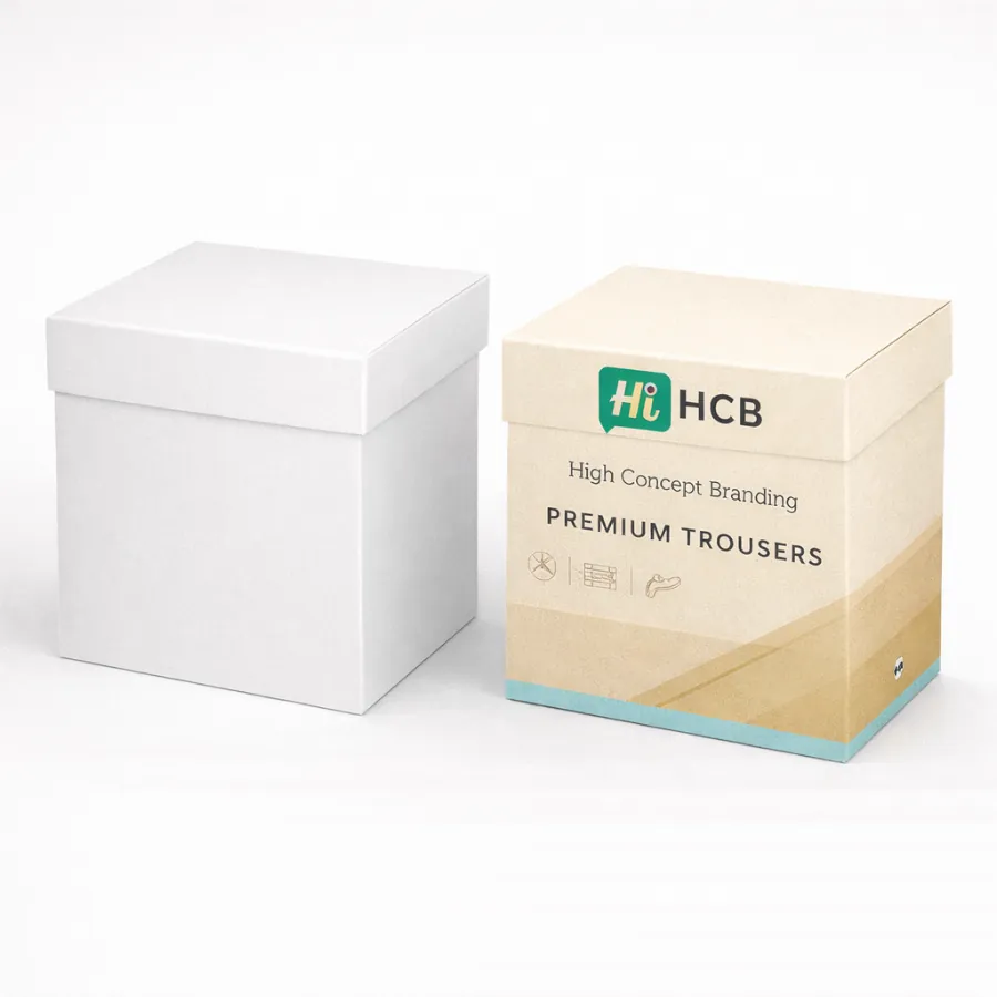 Two premium square gift boxes for trousers- one plain white and one with bespoke tan branding- class=